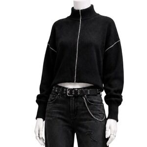 THOM KROM Angora Merino Blend Cropped Mock Neck Sweater Black White | Women's XS
